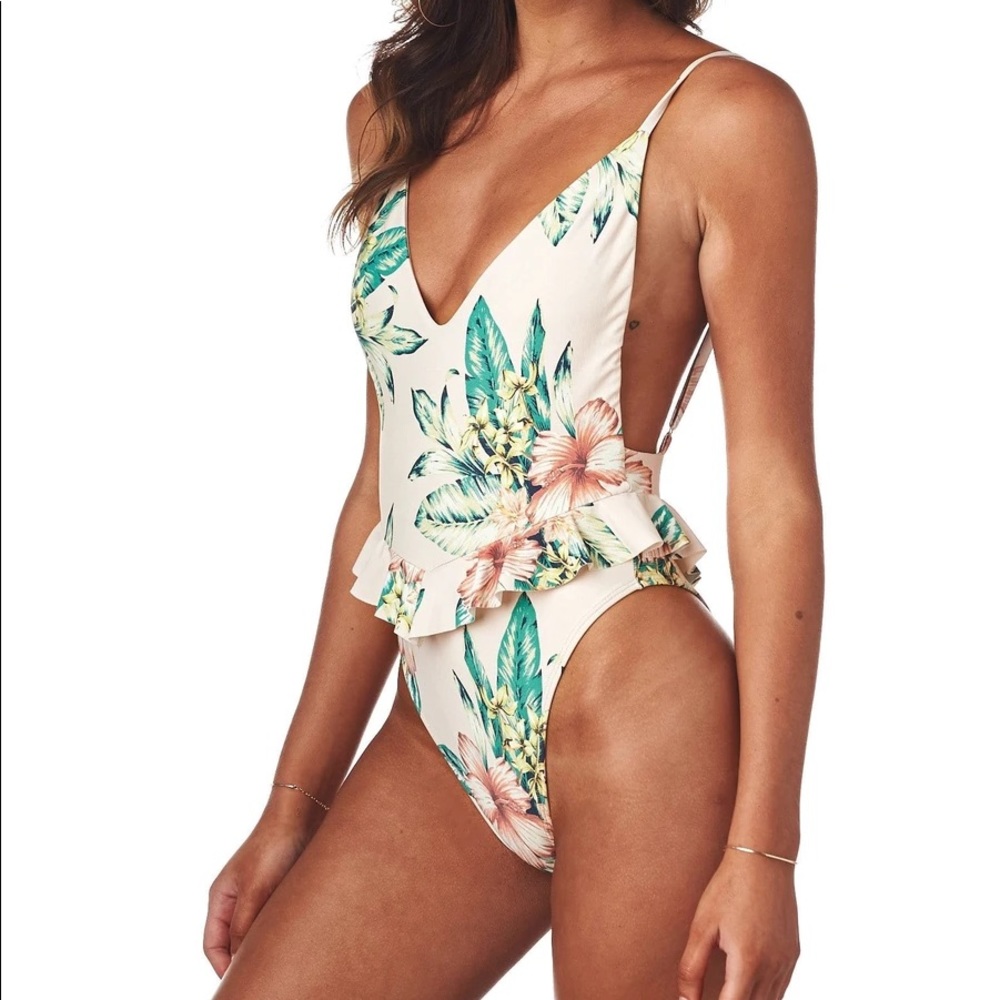 Montce Cream and Green One Piece Swimwear with Plunging Neckline